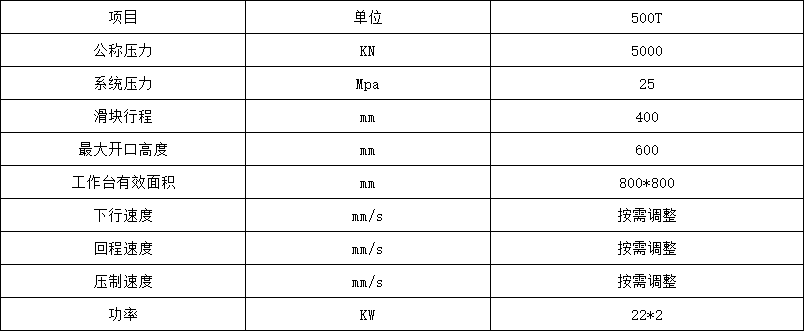 500噸錨桿托盤液壓機技術參數(shù)